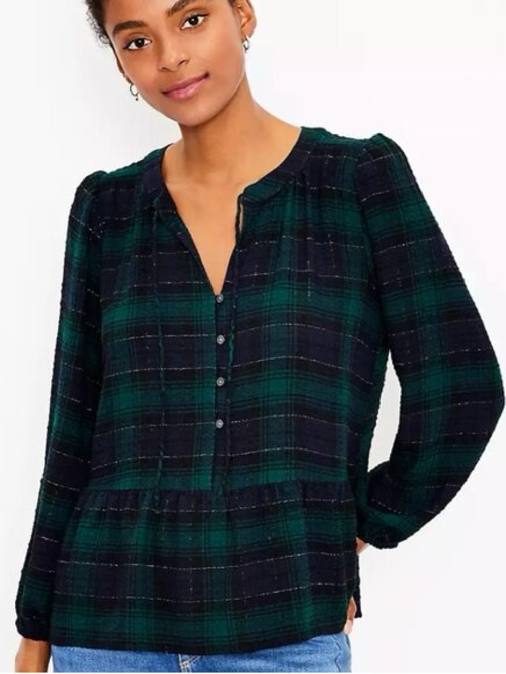 Loft Shimmer Plaid Peplum Top